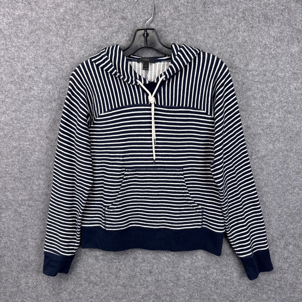 J.Crew Hoodie Sweatshirt Medium Navy White Striped Cotton Knit Kangaroo Pocket